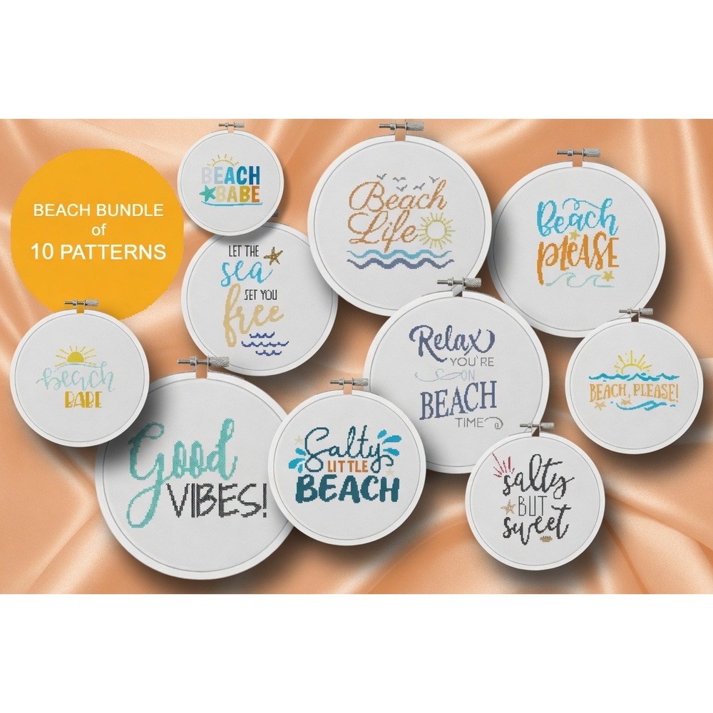 Beach Ocean Summer Funny Humor Sun Counted‎ Cross Stitch Patterns Set of 10